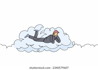 Single continuous line drawing dreamer businessman lay on clouds and dreaming or thinking something about new business. Relaxes man lying on the cloud. One line draw graphic design vector illustration