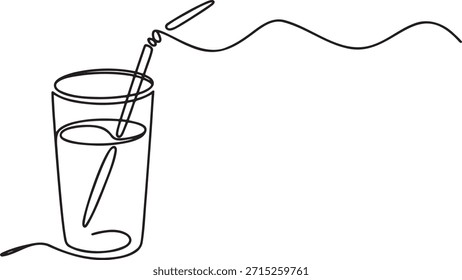 Dibujo de línea continua única de bebida en vidrio con paja Diseño mínimo Ilustración de contorno de diseño Ilustración de bebida fresca Agua refresco Líquido de arte mínimo refrescante en vidrio Diseño de contorno de paja Minimalismo Concepto de hidratación de elemento gráfico