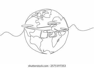 Single continuous line drawing drone with globe background. Flying to guard the borders between countries. Assistance for the military. International Drone Day. One line design vector illustration