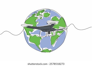 Single continuous line drawing drone with globe background. Flying to guard the borders between countries. Assistance for the military. International Drone Day. One line design vector illustration