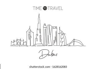 Single continuous line drawing of Dubai city skyline, United Arab Emirates. Famous city landscape wall decor art poster print. World travel concept. Modern one line draw design vector illustration