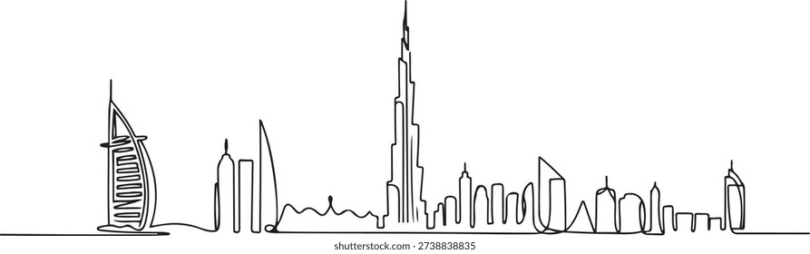 Single continuous line drawing of Dubai city skyline, United Arab Emirates. Famous city landscape wall decor art poster print. World travel concept. one line Icon drawing
