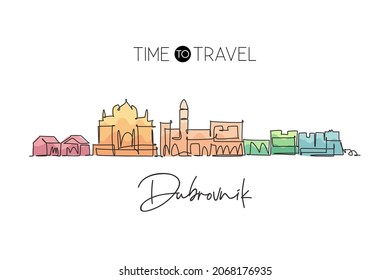 Single continuous line drawing of Dubrovnik city skyline, Croatia. Famous city scraper landscape. World travel concept home wall decor poster print art. Modern one line draw design vector illustration