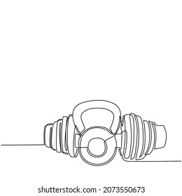 Single continuous line drawing dumbbells and kettlebell vector icon set on white background for gym or fitness elements. Weight, barbell, dumbbell. One line draw graphic design vector illustration