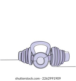 Single continuous line drawing dumbbells and kettlebell vector icon set on white background for gym or fitness elements. Weight, barbell, dumbbell. One line draw graphic design vector illustration