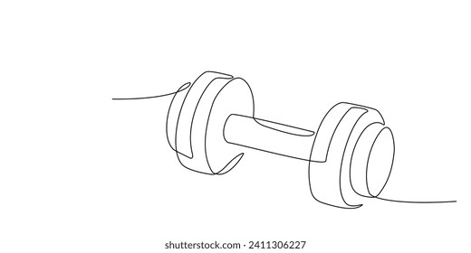 Single continuous line drawing of dumbbells. Sport equipment in one linear style. Design element for poster, banner, flyer. Sport, workout, wellness. Editable stroke. Vector doodle illustration