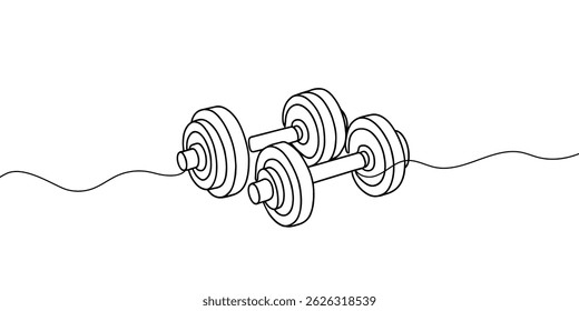 Single continuous line drawing of dumbbells. Sport equipment in one linear style. Design element for poster, banner, flyer. Sport, workout, wellness. Editable stroke. dumbbells one line art.