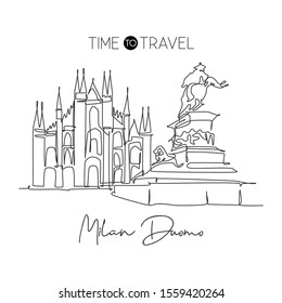 Single continuous line drawing Duomo di Milano landmark. Beautiful famous place in Milan, Italy. World travel tour home wall decor art poster concept. Modern one line draw design vector illustration