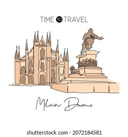 Single continuous line drawing Duomo di Milano landmark. Beautiful famous place in Milan, Italy. World travel tour home wall decor art poster concept. Modern one line draw design vector illustration