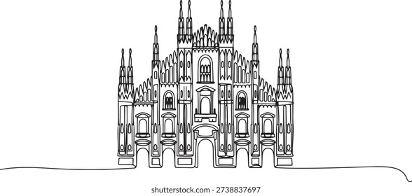 Single continuous line drawing Duomo di Milano landmark. Beautiful famous place in Milan, Italy. World travel tour home wall decor art poster concept. one line Icon drawing
