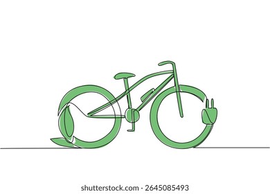 Desenho de linha única contínua e bicicleta com uma folha no pneu traseiro e um plugue de cabo no pneu dianteiro. Facilita as atividades. Tecnologia. Dia Nacional Da Bicicleta E. Ilustração de vetor de design de uma linha