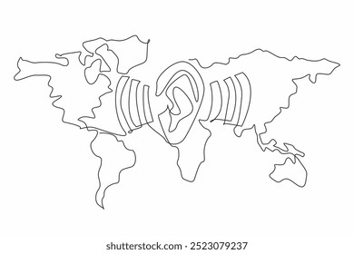 Single continuous line drawing ears amidst the sound waves of the world map background. Global communication. Connecting all people in the world. World Hearing Day. One line design vector illustration