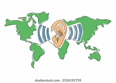 Uma única linha contínua desenhando orelhas em meio às ondas sonoras do fundo do mapa de mundo. Comunicação global. Conectando todas as pessoas do mundo. Dia Mundial da Audição. Ilustração de vetor de design de uma linha
