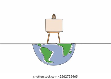 Single continuous line drawing easel on half globe. Painting can see half the world. A metaphor. Creativity can be limitless. Beautiful art for all. World Art Day. One line design vector illustration