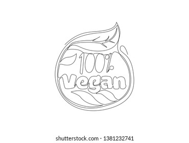 Single continuous line drawing of eco natural and organic food typography quote - 100% Vegan. Calligraphic design for print, label, card, banner, poster. One line draw design vector illustration