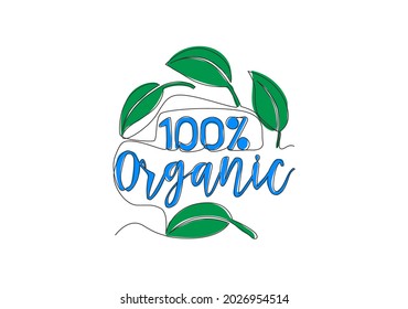 Single continuous line drawing of eco green and natural food typography quote - 100% Organic. Calligraphic design for print, card, banner, poster. One line draw graphic design vector illustration