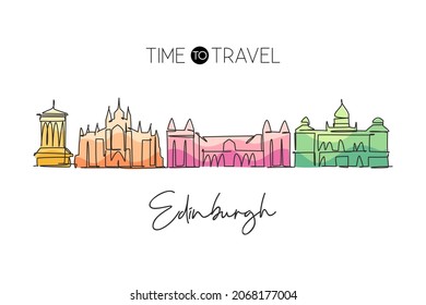 Single continuous line drawing of Edinburgh city skyline Scotland. Famous city scraper landscape. World travel concept home wall decor poster print art. Modern one line draw design vector illustration