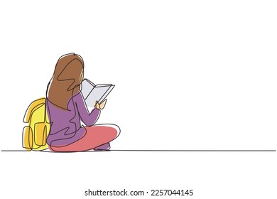 Single continuous line drawing education  Back view woman sitting floor reading book  College student prepare to exam  back to school gaining knowledge  One line draw design vector illustration