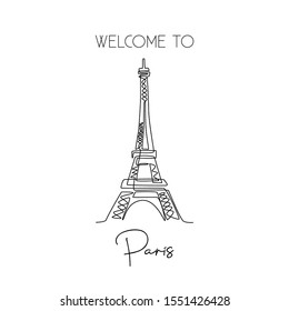 Single continuous line drawing of Eiffel Tower. Iconic landmark place in Paris, France. World travel wall decor home art poster print concept. Modern one line draw design vector graphic illustration