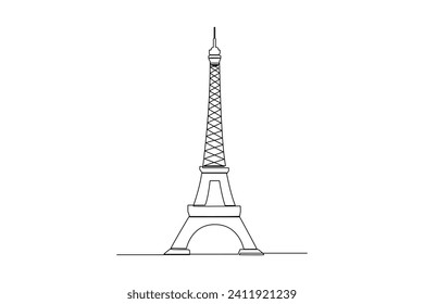 Single continuous line drawing Eiffel tower, iconic tower at paris. Building architecture property isolated minimalism concept. Dynamic one line draw graphic design vector illustration on white backgr