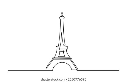 A single continuous line drawing of the Eiffel Tower landmark is a line art Landmark of Paris. The Eiffel Tower is isolated on a white background. It is a Hand-drawn vector illustration.