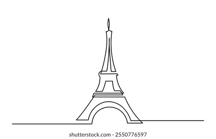 A single continuous line drawing of the Eiffel Tower landmark is a line art Landmark of Paris. The Eiffel Tower is isolated on a white background. It is a Hand-drawn vector illustration.