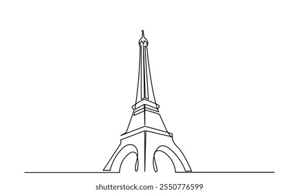 A single continuous line drawing of the Eiffel Tower landmark is a line art Landmark of Paris. The Eiffel Tower is isolated on a white background. It is a Hand-drawn vector illustration.