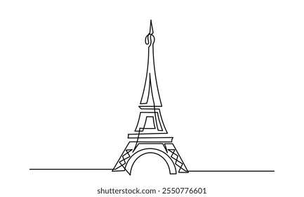 A single continuous line drawing of the Eiffel Tower landmark is a line art Landmark of Paris. The Eiffel Tower is isolated on a white background. It is a Hand-drawn vector illustration.