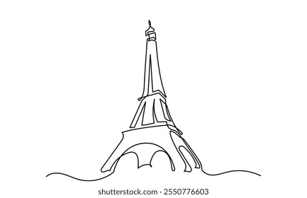 A single continuous line drawing of the Eiffel Tower landmark is a line art Landmark of Paris. The Eiffel Tower is isolated on a white background. It is a Hand-drawn vector illustration.