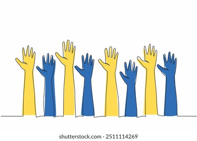 Single continuous line drawing eight hands raised with open palms. Have different arm lengths. Stay perfect with lots of diversity. Equity. World Down Syndrome Day. One line design vector illustration