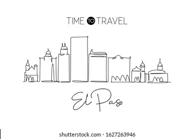 Single continuous line drawing of El Paso city skyline, Texas. Famous city scraper and landscape in world. World travel concept poster. Editable stroke modern one line draw design vector illustration