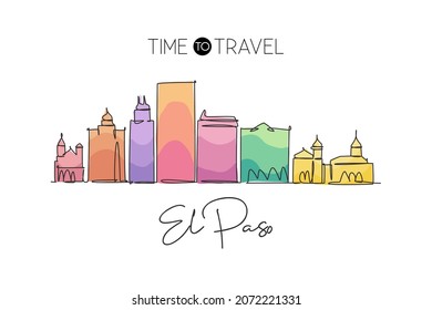 Single continuous line drawing of El Paso city skyline, Texas. Famous city scraper and landscape in world. World travel concept poster. Editable stroke modern one line draw design vector illustration