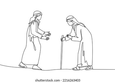 single continuous line drawing of an elderly man wearing a cane and a young man walking face to face while preparing to hug. Muslim fashion in vector illustration.Modern continuous line drawing design