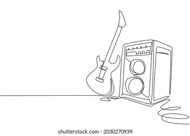 Single continuous line drawing electric guitar with amplifier. Rock music illuminated stage background with microphone electric guitar and speakers. One line draw graphic design vector illustration
