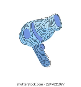 Single continuous line drawing electric hair dryer. Hotel room hair dryer. Professional hair style tool. Hair care tool. Swirl curl style. Dynamic one line draw graphic design vector illustration