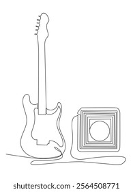 Single continuous line drawing electric guitar with amplifier, One line draw graphic design vector illustration.