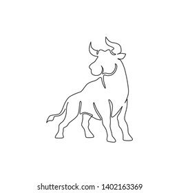 Single continuous line drawing of elegance buffalo for multinational company logo identity. Luxury bull mascot concept for matador show. Trendy one line draw vector graphic design illustration