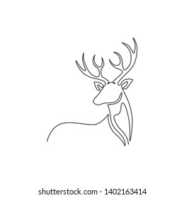 Single continuous line drawing of elegance cute deer for national zoo logo identity. Luxury buck mascot concept for animal hunting club. Modern one line graphic vector draw design illustration