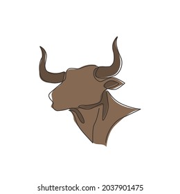 Single continuous line drawing of elegance head buffalo for multinational company logo identity. Luxury bull mascot concept for matador show. Trendy one line draw vector graphic design illustration