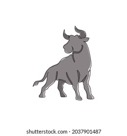 Single continuous line drawing of elegance buffalo for multinational company logo identity. Luxury bull mascot concept for matador show. Trendy one line draw vector graphic design illustration