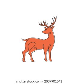 Single continuous line drawing of elegance cute deer for national zoo logo identity. Luxury buck mascot concept for animal hunting club. Modern one line draw graphic vector design illustration