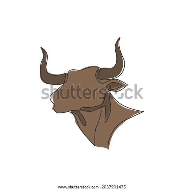 Single continuous line drawing of elegance\
head buffalo for multinational company logo identity. Luxury bull\
mascot concept for matador show. Trendy one line draw vector\
graphic design\
illustration