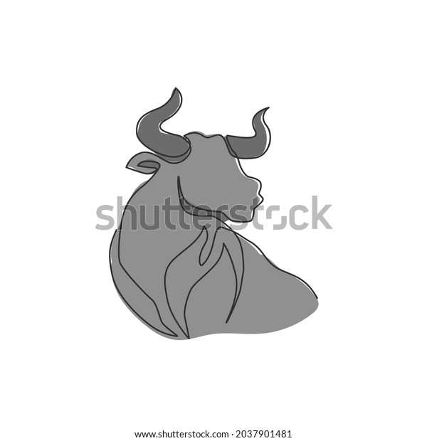 Single continuous line drawing of elegance head
buffalo for multinational company logo identity. Luxury bull mascot
concept for matador show. Modern one line draw design illustration
vector graphic