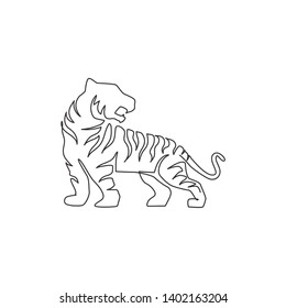 Single Continuous Line Drawing Of Elegant Asian Tiger For Sport Club Logo Identity. Dangerous Big Stripped Cat Mammal Animal Mascot Concept For Game Club. One Line Draw Design Vector Illustration