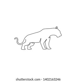 Single continuous line drawing of elegant leopard for hunter team logo identity. Dangerous jaguar mammal animal mascot concept for sport club. Modern one line draw vector design graphic illustration