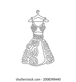 Single continuous line drawing elegant dress on shoulders icon. Dress hanger. Clothing store. Fashion boutique concept. Swirl curl style. Dynamic one line draw graphic design vector illustration