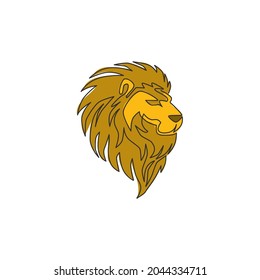 Single continuous line drawing of elegant lion head for sport club logo identity. Dangerous big cat mammal animal mascot concept for game club. Modern one line draw graphic vector design illustration