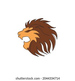 Single continuous line drawing of elegant lion head for sport club logo identity. Dangerous big cat mammal animal mascot concept for game club. Dynamic one line draw design illustration vector graphic