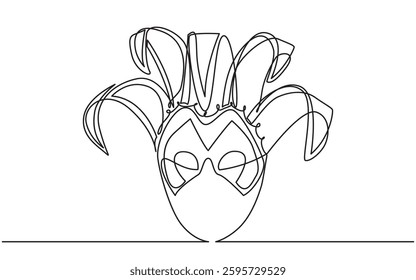 A single, continuous line drawing of an elegant jester mask. The minimalist design showcases the playful and theatrical nature of the Venetian carnival.