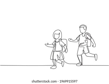 Single continuous line drawing elementary school students both boys   girls were running the side the road avoiding being late for school  One line draw graphic design vector illustration 